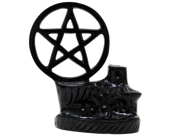 Black ceramic incense burner with pentagram design on a white background